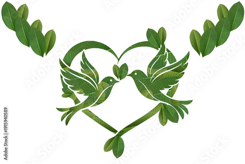 Two Leaf Birds Forming Heart Shape Frame with Decorative Green Leaves Isolated on Transparent Background