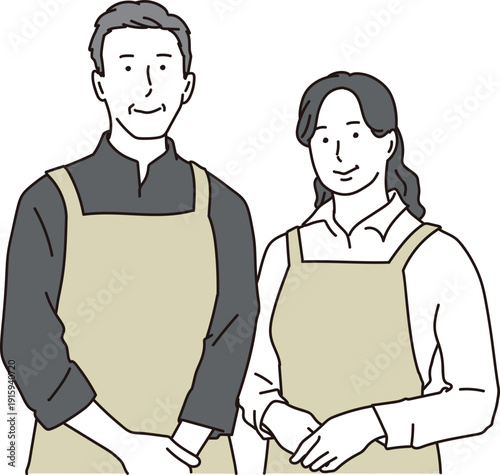 カフェの経営をするアジア人夫婦のイラスト素材
