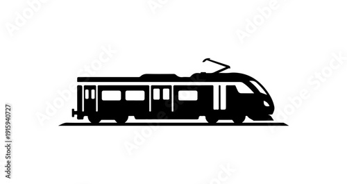 A black silhouette of a modern tram or streetcar on a track