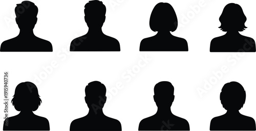 Eight black silhouette head and shoulder profiles of diverse individuals shoulders portrait