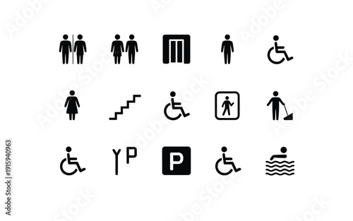 Signs icon set for accessibility and facilities in public places