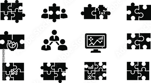 Twelve Black Icons Featuring Puzzles People and Data Analysis jigsaw piece