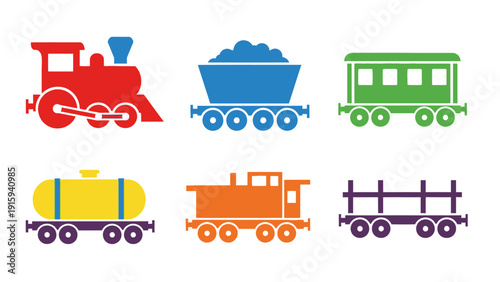 Colorful Train Set Icons: Locomotive, Coal Car, Passenger, Tanker, Caboose, Flatbed
