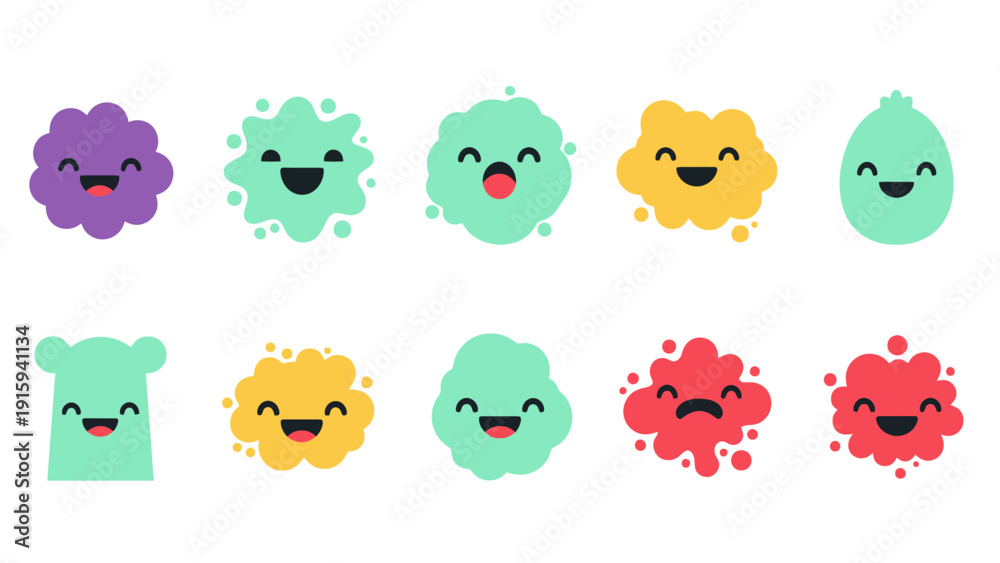 Obraz premium Cute Cartoon Bacteria Characters with Happy Faces, Diverse Colors and Shapes