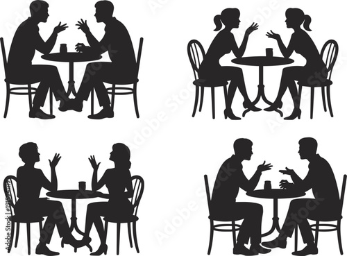 Four Silhouettes of Couples Conversing at Small Round Tables illustration untitled