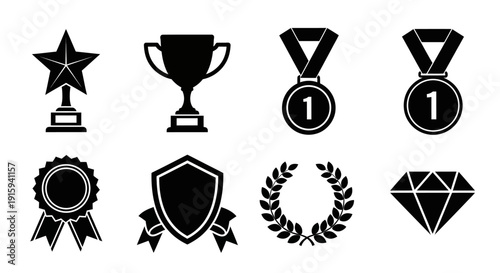Collection of Award Icons: Trophy, Star, Medal, Diamond, Laurel Wreath, Shield, Rosette