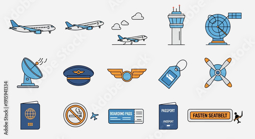 Airport Icons Set: Airplanes, Control Tower, Passport, Ticket, Pilot Hat, Propeller