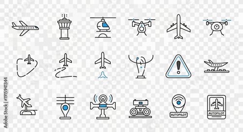 Airport Aviation Icons: Planes, Drones, Control Tower, Autopilot, Landing Symbols