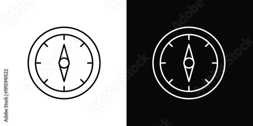 Set of two simple line art compass icons on black and white backgrounds, navigational tool for direction