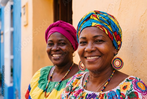 Two smiling afro colombian women wearing colorful traditional palenquera dresses and headwraps
