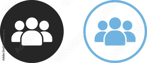 Two icons representing groups of people in black and blue on white background team community