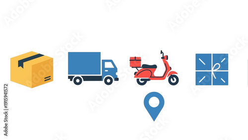 Delivery service icons: package, truck, scooter, map pin, gift box