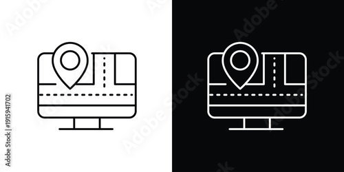 Online map navigation on desktop computer monitor with location pin icon for digital route planning and tracking interface