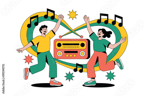 Music illustration of people dancing with a colorful radio and musical notes