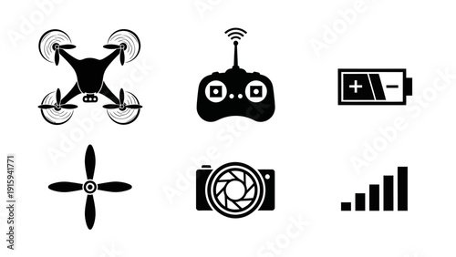 Drone Technology Icons: Quadcopter, Remote Control, Battery, Camera, Propeller, Signal