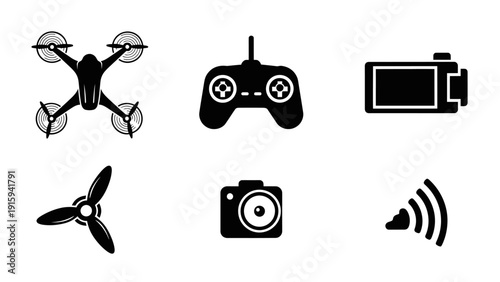 Drone Technology Icons: Quadcopter, Remote Control, Battery, Propeller, Camera, Signal