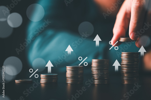 Rising interest rate concept with stacked coins and upward arrows symbolizing inflation impact investment growth and financial pressure in high rate era