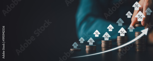 Stacked coins with rising percent house icons and upward arrow symbolizing higher interest rates mortgage costs inflation and smart investment growth in digital finance era