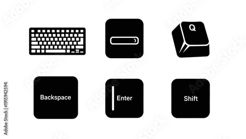 Keyboard Keys Icons: Q, Enter, Backspace, Shift, Spacebar, and Keyboard Layout