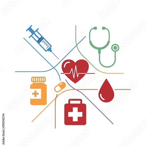 Medical Icons: Heartbeat, Syringe, Stethoscope, Pills, Blood Drop, First Aid Kit