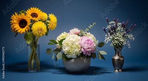 Wallpaper Mural Vibrant floral arrangements on blue background sunflowers peonies and lavender Torontodigital.ca