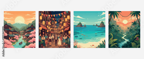 Hillside Coastal Town Cliff Travel Poster Set, Mediterranean Seaside Retro Vector Illustration, Colorful Building Ocean View Wall Art, Rocky Shore Sunset Landscape Clipart, European Village Destinatio