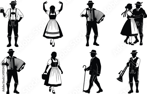 Traditional German folk costumes silhouettes with lederhosen dirndl musicians Oktoberfest vector illustration collection design