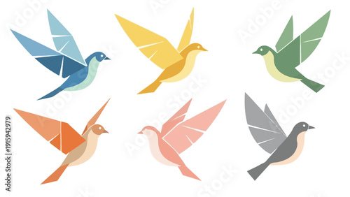 Origami Birds Flying in Formation: Geometric Style, Colorful Flock