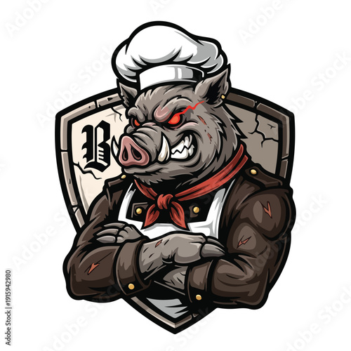 Angry boar chef mascot with shield