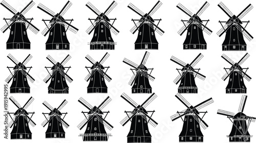 Traditional windmill silhouette collection showing Dutch style rural architecture, renewable energy heritage, and classic countryside landscape design