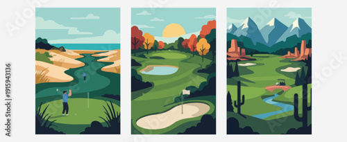 Golf Course Green Landscape Scenic Poster Set, Country Club Retro Vector Illustration, Sport Recreation Wall Art Print Design, Fairway Putting Green Clipart Collection, Luxury Resort Destination Poste