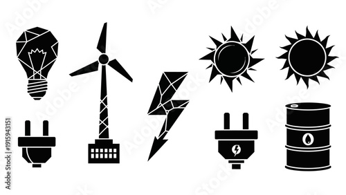 Renewable Energy and Fossil Fuels Icons: Lightbulb, Wind Turbine, Sun, Bolt, Plug, Oil Barrel