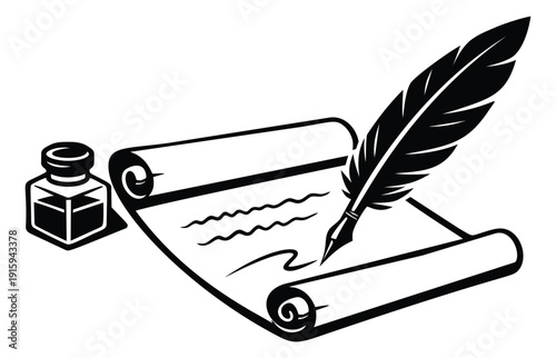 Line art illustration of a quill pen, inkwell, and scroll depicting old-fashioned writing for history and education