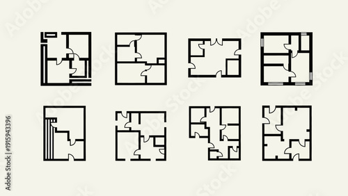 Set of 8 Black and White Floor Plan Icons for Real Estate and Interior Design