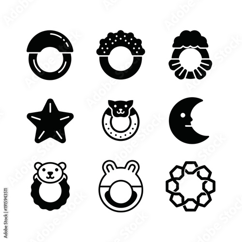 Set of Baby Teethers Icons: Animals, Stars, Moons, and Geometric Shapes