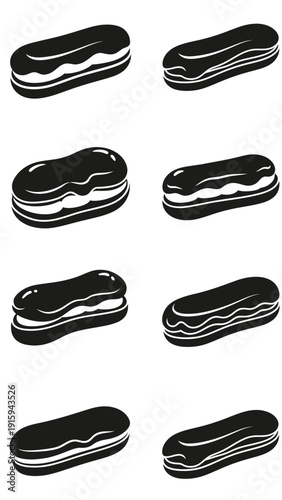 Set of Black and White Eclair Illustrations, Minimalist Pastry Icons