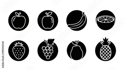 Set of Black and White Fruit Icons: Apple, Banana, Orange, Strawberry, Grapes, Pear, Pineapple