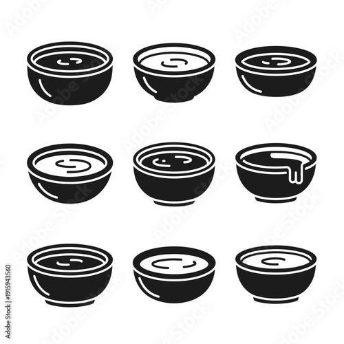 Set of Black and White Icons Representing Bowls of Soup or Stew