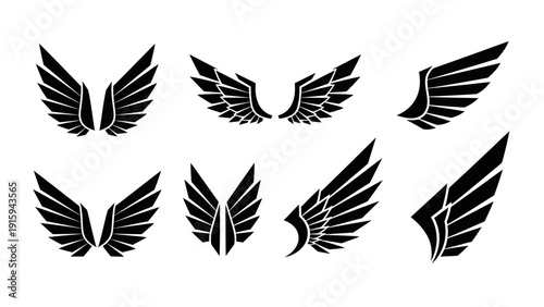 Set of Black Angel Wings Icons, Vector Graphics for Design