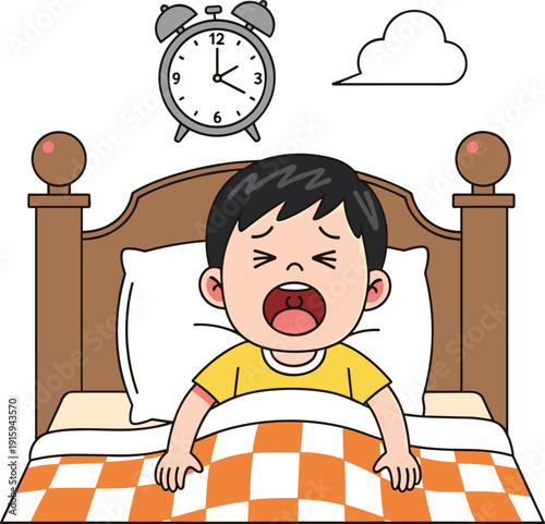 Yawning Child Waking Up In Bed With Alarm Clock Morning Routine Cartoon Illustration Isolated