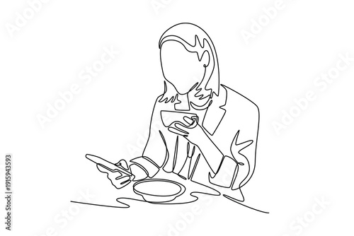 female professional working holding mobile phone using smartphone for online payment. Payment Online concept. Single line draw design. Vector graphic illustration