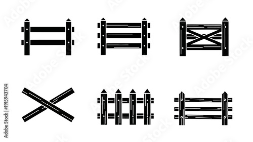 Set of Black Farm Fences Icons: Rustic Rural Boundary Designs