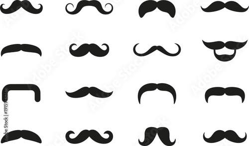 Assortment of black mustache styles and shapes on a white background moustache facial hair