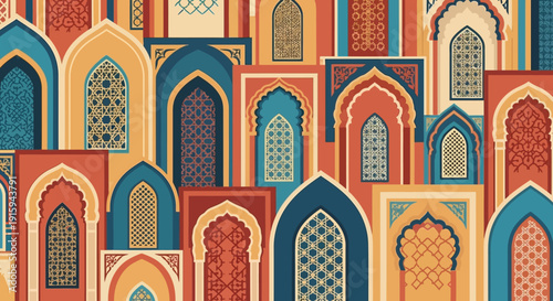 Intricate Islamic Archways and Windows Pattern - Vibrant Geometric Moroccan Design