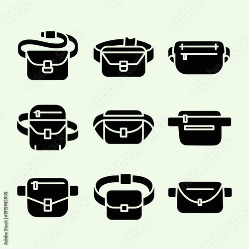 Set of black waist bag icons, fanny pack, crossbody bag, belt bag, hip pouch, sling bag