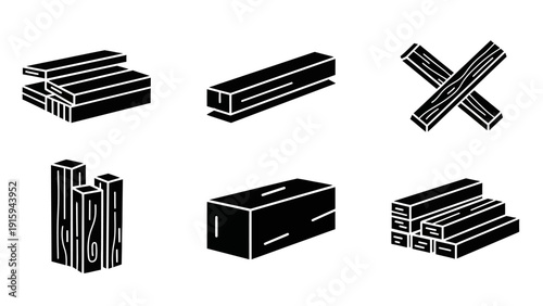 Set of black wood logs and lumber icons, isolated on white background