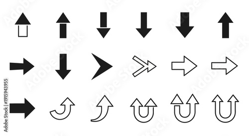 Collection of Various Arrow Icons and Symbols on White Background