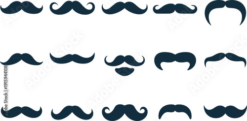 Assortment of Dark Blue Mustache Silhouettes on White Background Keywords: mustache, moustache, facial hair, men's grooming