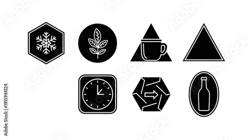 Set of Diverse Black and White Icons: Snowflake, Leaf, Mug, Triangle, Clock, Arrow, Bottle