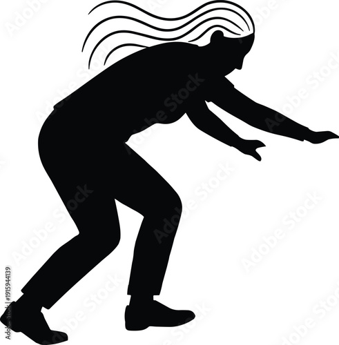 Black and white minimalist silhouette of a woman in motion leaning forward with long flowing hair reaching out for balance or playing sports
